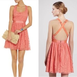 NEW Alice + Olivia Salmon Pink Lace Odette Cross Back Sleeveless Dress Medium